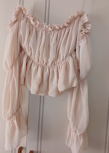 Bej şifon krop  Fırfırlı Bluz - Görsel 7