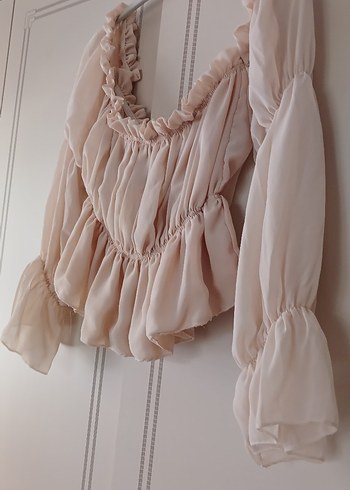 Bej şifon krop  Fırfırlı Bluz - Görsel 8