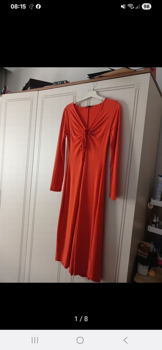 Uzun Kol Drapeli Turuncu V Yaka Elbise - Görsel 3