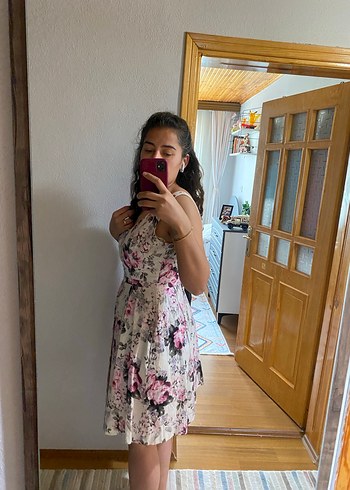 Pembe Çiçekli Kemerli Mini Elbise - Görsel 5