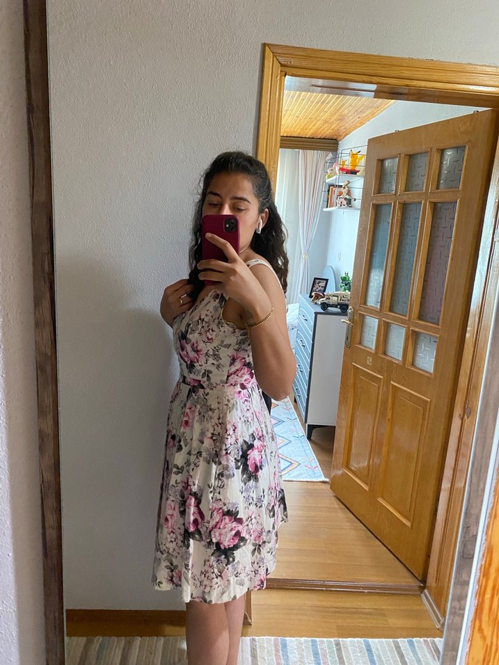 Pembe Çiçekli Kemerli Mini Elbise - Görsel 5