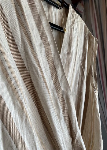 Bej Keten V Yaka Drapeli Uzun Elbise - Görsel 6