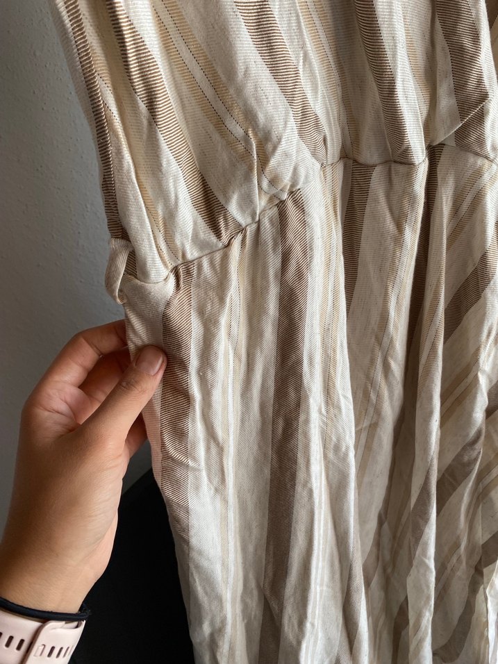 Bej Keten V Yaka Drapeli Uzun Elbise - Görsel 3