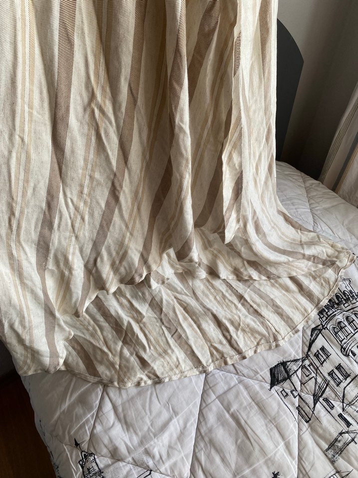 Bej Keten V Yaka Drapeli Uzun Elbise - Görsel 4