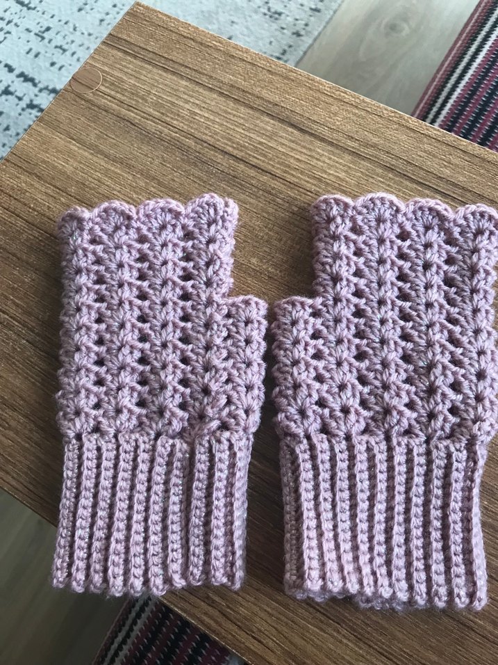 Dantel Detaylı Pembe Simli Örgü Eldiven - Görsel 3