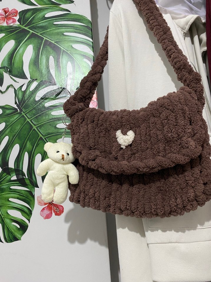 Kahverengi Örgü puffy Kadın Çanta - Görsel 2