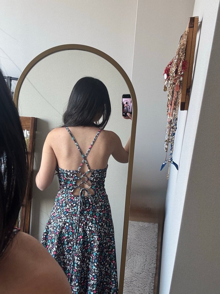 Çiçek Desenli askılı Midi Elbise - Görsel 2