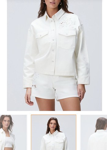 Nakış Detaylı Beyaz Kısa Kollu Kot Ceket - Görsel 4