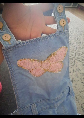 Kızlar için Mavi Nakışlı Bol Kesim Kot Salopet - Görsel 4