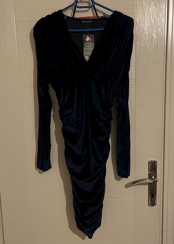 m Beden mavi Renk Uzun Kollu lacivert Gotik V Yakalı Elbise