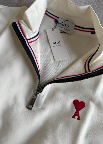 AMI PARİS Erkek Beyaz Yarım Fermuarlı Sweatshirt - Görsel 2