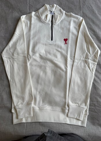 AMI PARİS Erkek Beyaz Yarım Fermuarlı Sweatshirt - Görsel 4