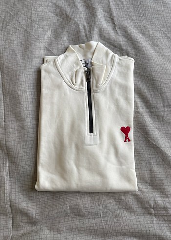 AMI PARİS Erkek Beyaz Yarım Fermuarlı Sweatshirt - Görsel 3