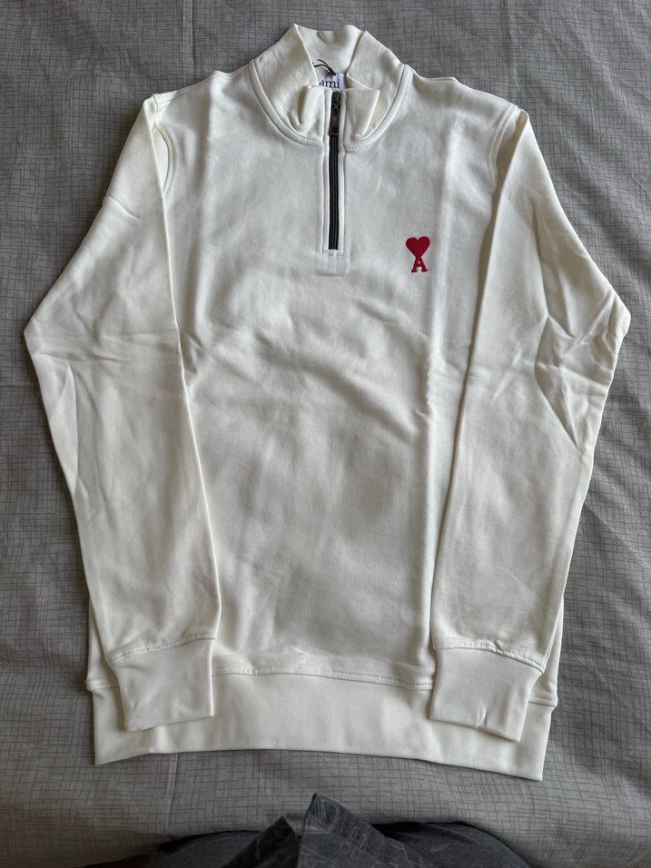 AMI PARİS Erkek Beyaz Yarım Fermuarlı Sweatshirt - Görsel 4