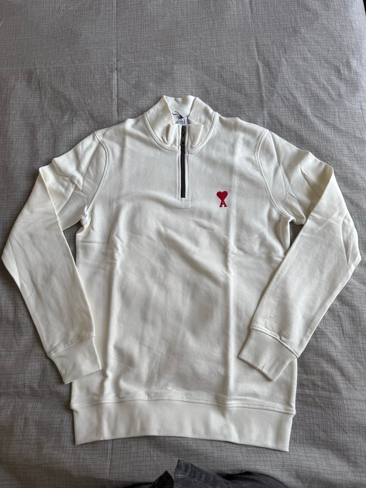 AMI PARİS Erkek Beyaz Yarım Fermuarlı Sweatshirt - Görsel 5