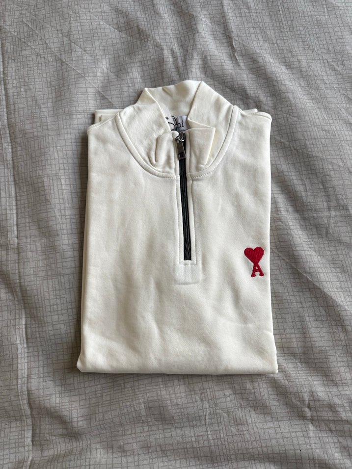 AMI PARİS Erkek Beyaz Yarım Fermuarlı Sweatshirt - Görsel 3