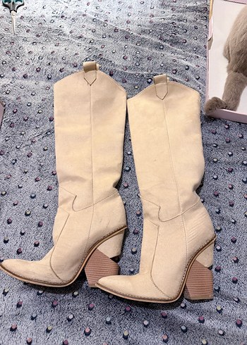 Diz Boyu Bej SüetTopuklu Çizme - Görsel 6