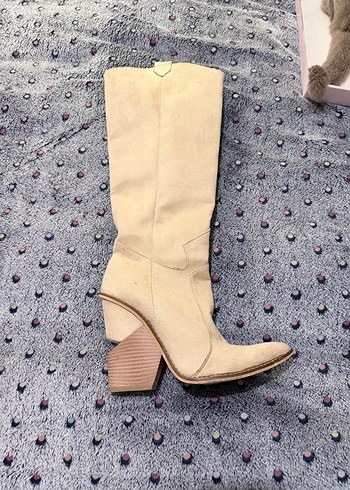 Diz Boyu Bej SüetTopuklu Çizme - Görsel 7