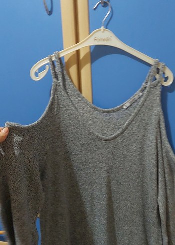 Gri Örgü Midi Straplez Elbise - Görsel 3