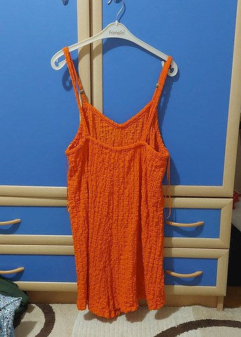 Turuncu Örme Mini Keten tulum - Görsel 2