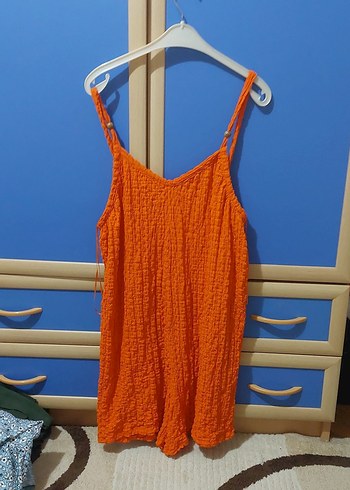 Turuncu Örme Mini Keten tulum - Görsel 4