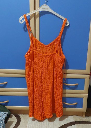 Turuncu Örme Mini Keten tulum - Görsel 3