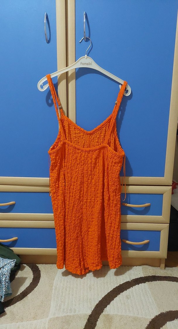 Turuncu Örme Mini Keten tulum - Görsel 2