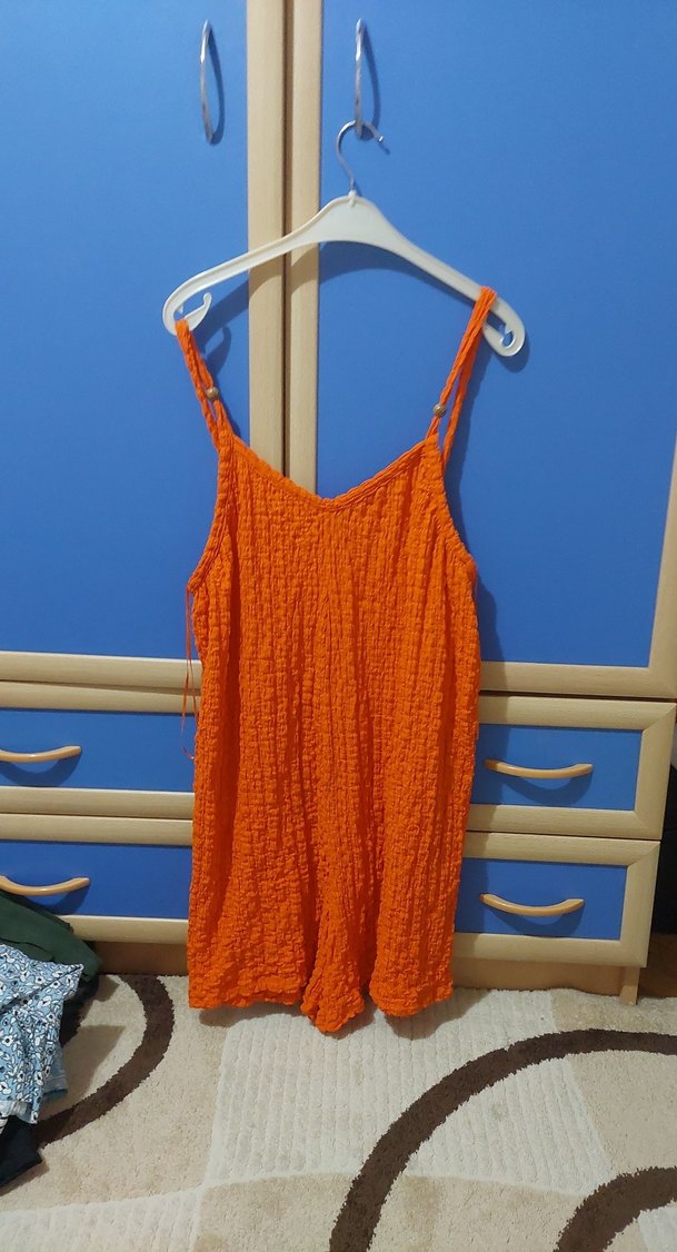 Turuncu Örme Mini Keten tulum - Görsel 4