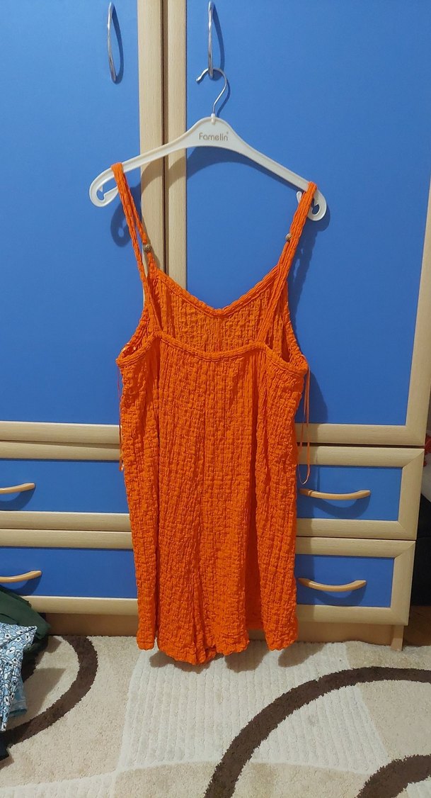 Turuncu Örme Mini Keten tulum - Görsel 3