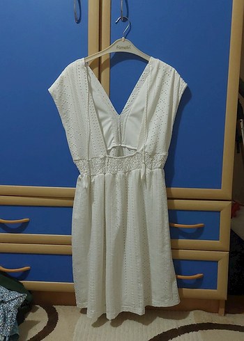 Pamuklu V Yakalı Bohem Beyaz Midi Elbise - Görsel 2