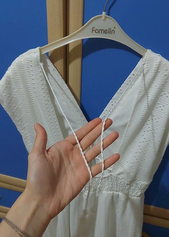 Pamuklu V Yakalı Bohem Beyaz Midi Elbise - Görsel 3