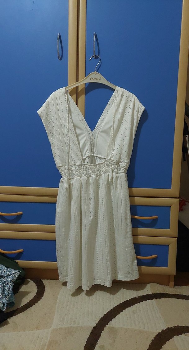 Pamuklu V Yakalı Bohem Beyaz Midi Elbise - Görsel 2