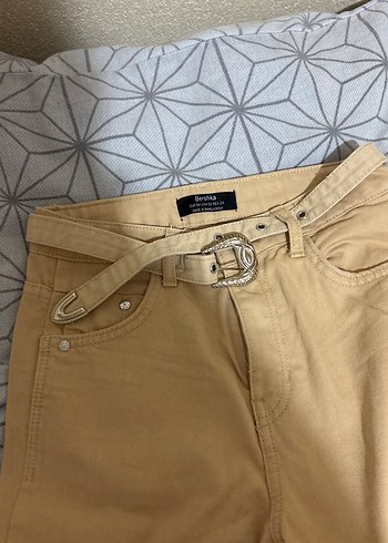 Bej Kadın Denim Pantolon, Kemerli, Midi Boy - Görsel 3