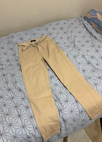 Bej Kadın Denim Pantolon, Kemerli, Midi Boy - Görsel 4