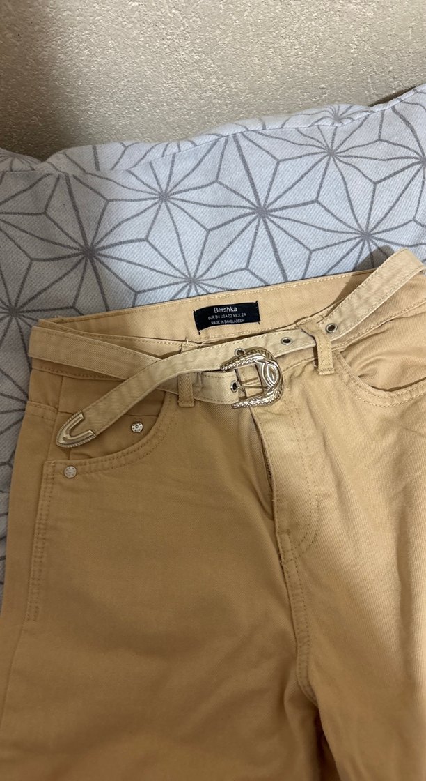 Bej Kadın Denim Pantolon, Kemerli, Midi Boy - Görsel 3