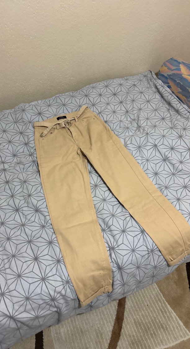 Bej Kadın Denim Pantolon, Kemerli, Midi Boy - Görsel 4