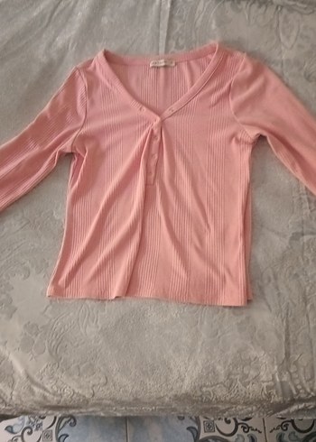 Pembe V Yaka Düğmeli Kadın Bluz