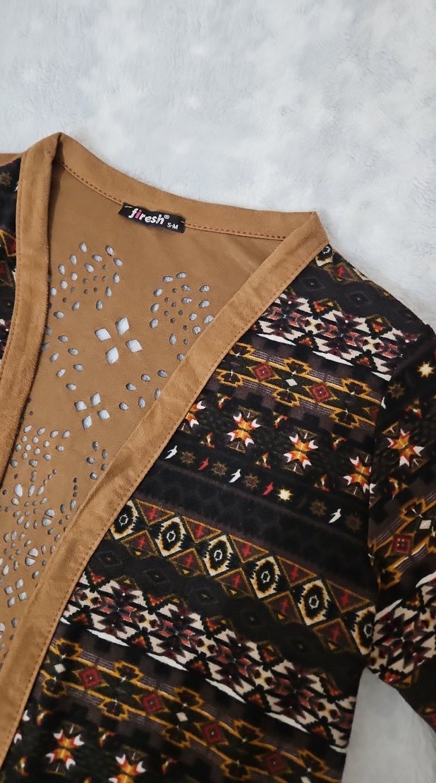 Bohem Tarz Uzun Örgü Desenli Kadın Kimono - Görsel 2