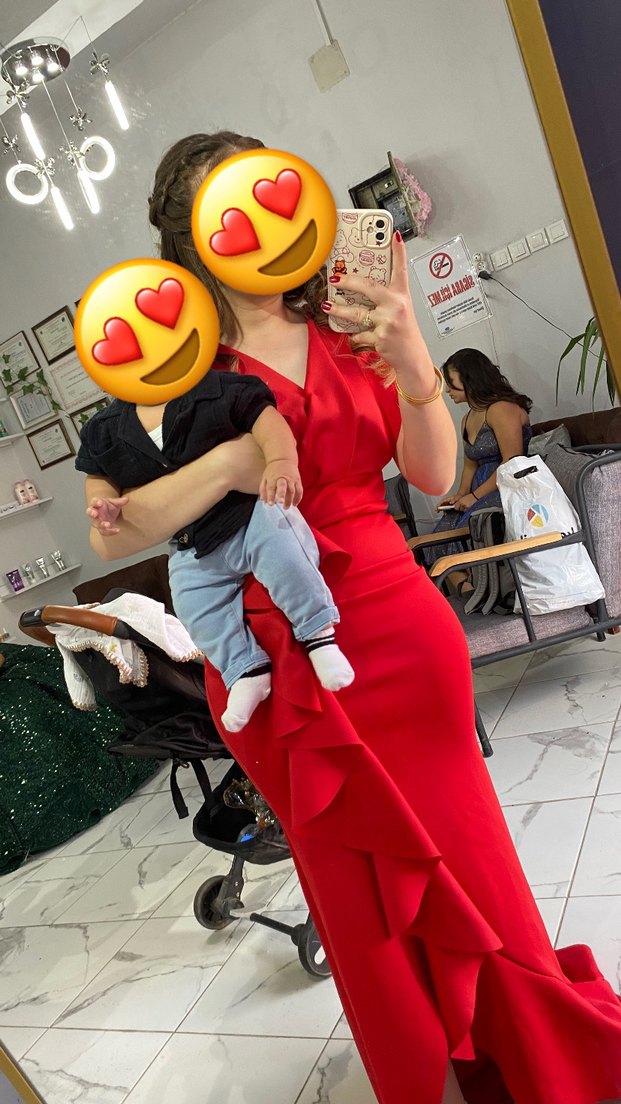 Kırmızı V Yaka Uzun Abiye Elbise - Görsel 3