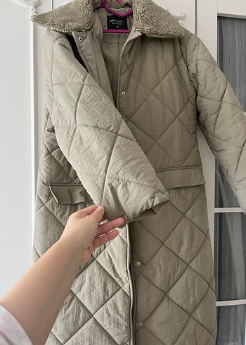 38 Beden yeşil Renk Kürk Detaylı Uzun Mint Yeşili Kadın Kışlık Ceket