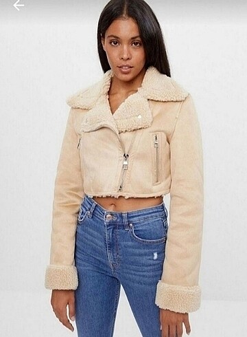 Bershka bej rengi biker ceket mont