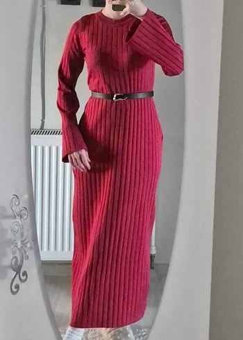 Bordo Fitilli Uzun Örme Kadın Elbise - Görsel 2