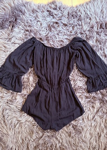 Boncuk Detaylı Siyah Kadın Mini Tulum - Görsel 2