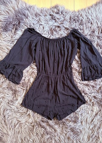 Boncuk Detaylı Siyah Kadın Mini Tulum - Görsel 3