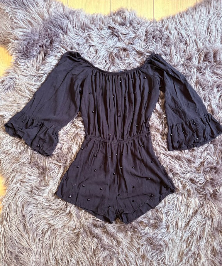 Boncuk Detaylı Siyah Kadın Mini Tulum - Görsel 3