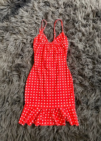 Kırmızı Puantiyeli Fırfırlı Mini Elbise - Görsel 2