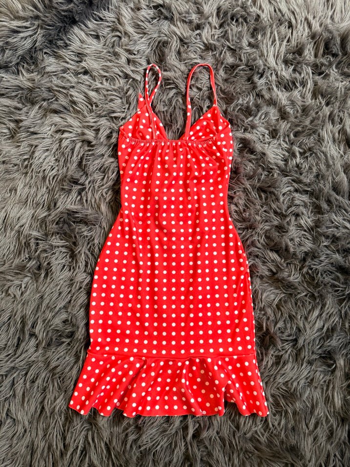 Kırmızı Puantiyeli Fırfırlı Mini Elbise - Görsel 2