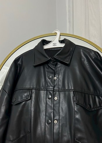 Düğmeli Siyah Deri Kadın Ceket gömlek - Görsel 2