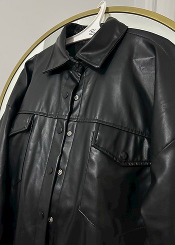Düğmeli Siyah Deri Kadın Ceket gömlek - Görsel 3