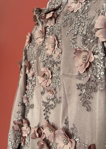 Pembe Nakışlı Dantel Bohem Uzun Abiye Elbise - Görsel 6